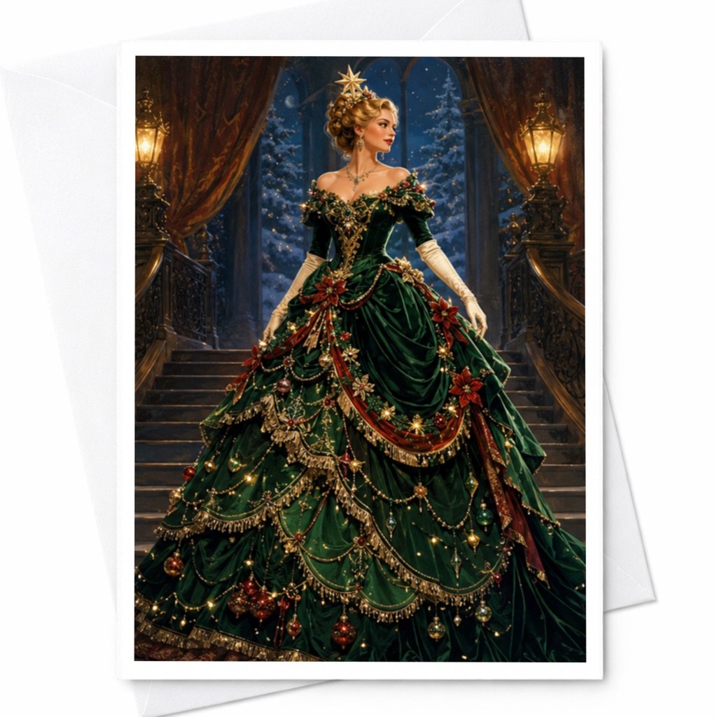 Elegant Christmas Greeting Card Woman In Tree Dress Holiday Card Festive Art For Her Seasonal Celebration Card C4144