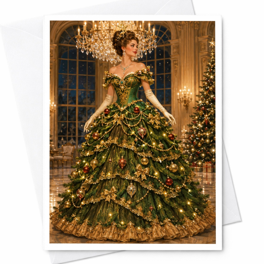 Elegant Christmas Tree Dress Card Holiday Greeting Card For Her Festive Fashion Illustration Christmas Card Unique C4145