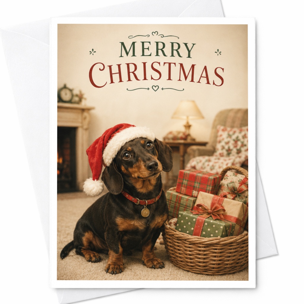 Merry Christmas Funny Dog Christmas Card Cute Dachshund With Santa Hat Holiday Greeting Card For Dog Lover Festive Pet Card C4147