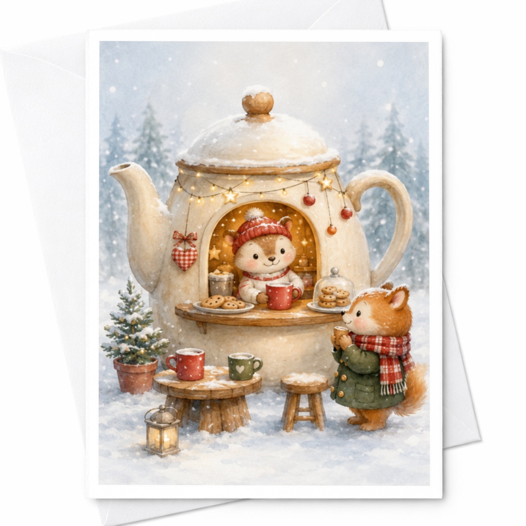 Cute Animal Teapot Cafe Christmas Greeting Card Winter Holiday Card For Friends Family Cozy Festive Scene With Snow C4149