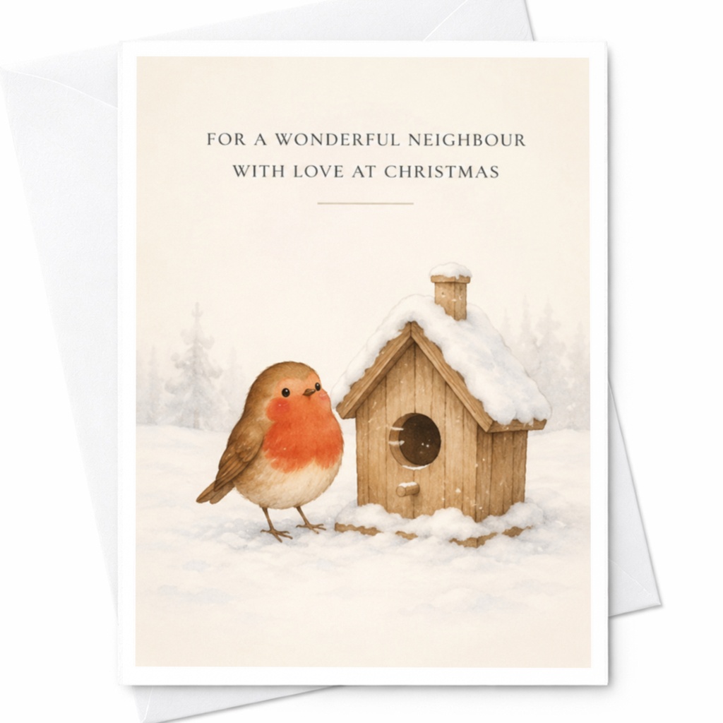 For A Wonderful Neighbour With Love At Christmas Festive Christmas Card Robin Birdhouse Snowy Scene Holiday Greeting C4155