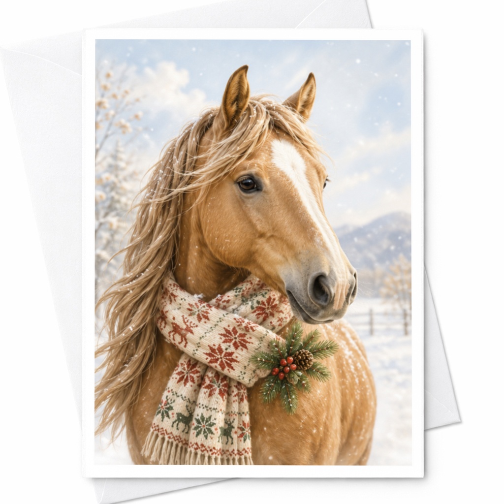 Horse With Christmas Scarf Greeting Card Winter Holiday Card For Animal Lovers Festive Horse Card Snowy Scene Christmas Card C4113
