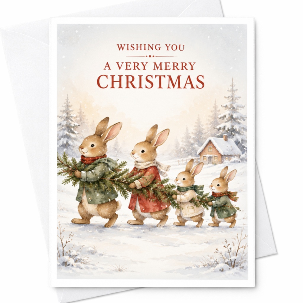 Wishing You A Very Merry Christmas Cute Bunny Family Christmas Card Winter Scene Holiday Greeting Card For Family Friends C4115