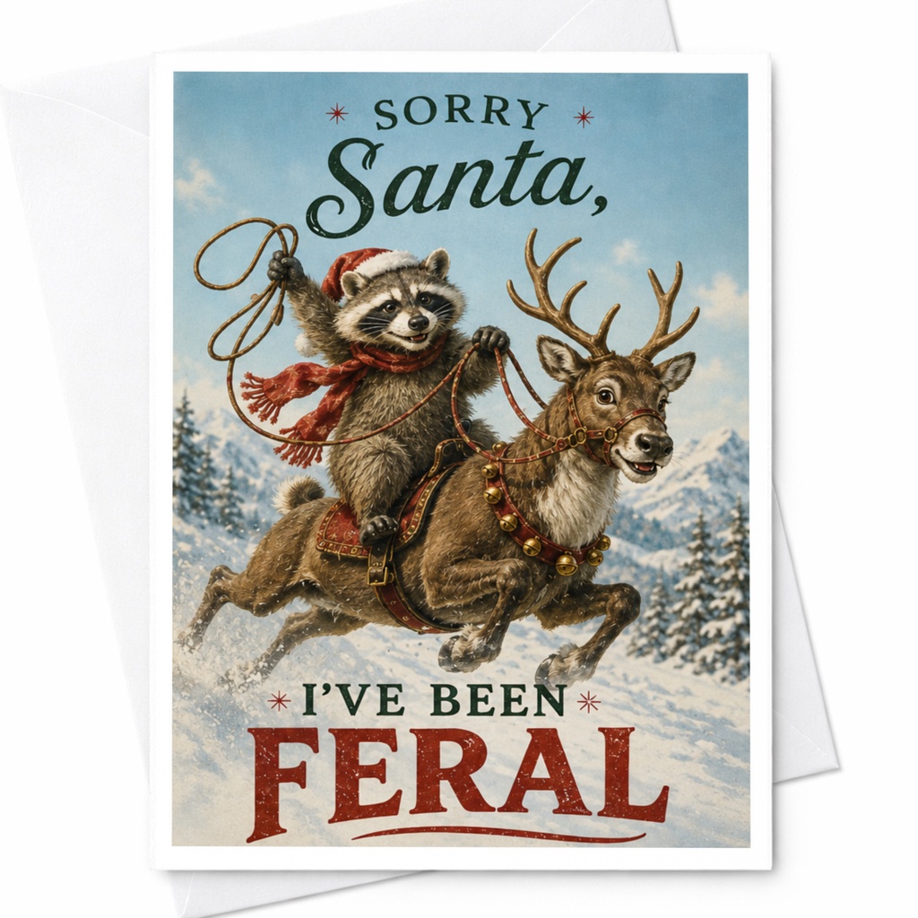 Sorry Santa, I've Been Feral Funny Christmas Card Cute Raccoon Riding Reindeer Holiday Greeting Card For Friends Family C4116