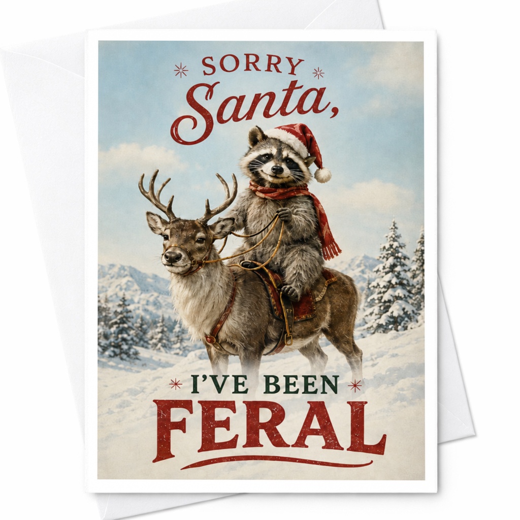 Sorry Santa, I've Been Feral Funny Christmas Card Raccoon On Reindeer Holiday Cute Animal Card For Friends Family C4117