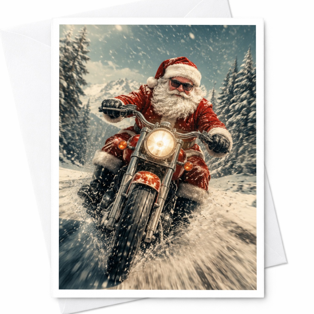 Santa Motorcycle Christmas Card Funny Holiday Greeting Card For Him Biker Santa Claus Snowy Adventure Xmas Card C4121
