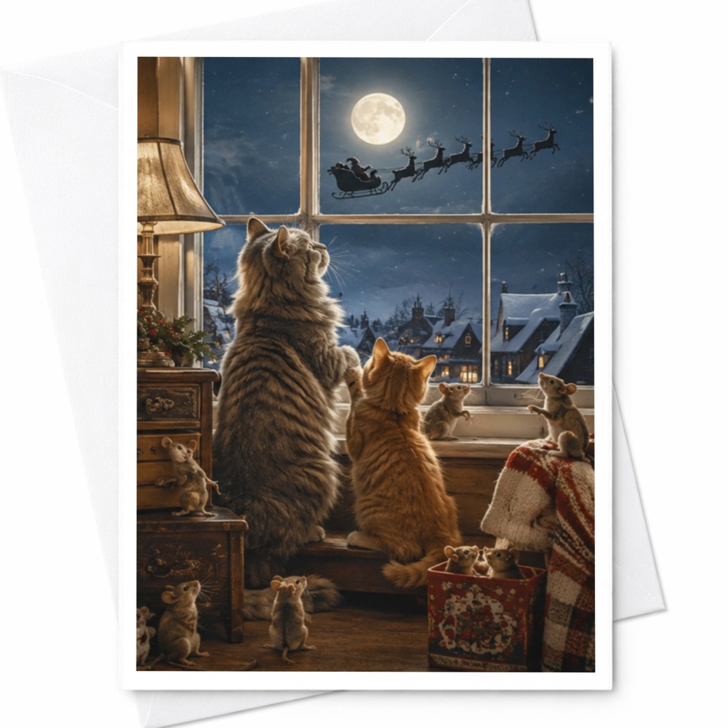 Cats And Mice Watching Santa Christmas Card Cute Holiday Greeting Card For Cat Lover Animal Lover Festive Winter Scene C4122