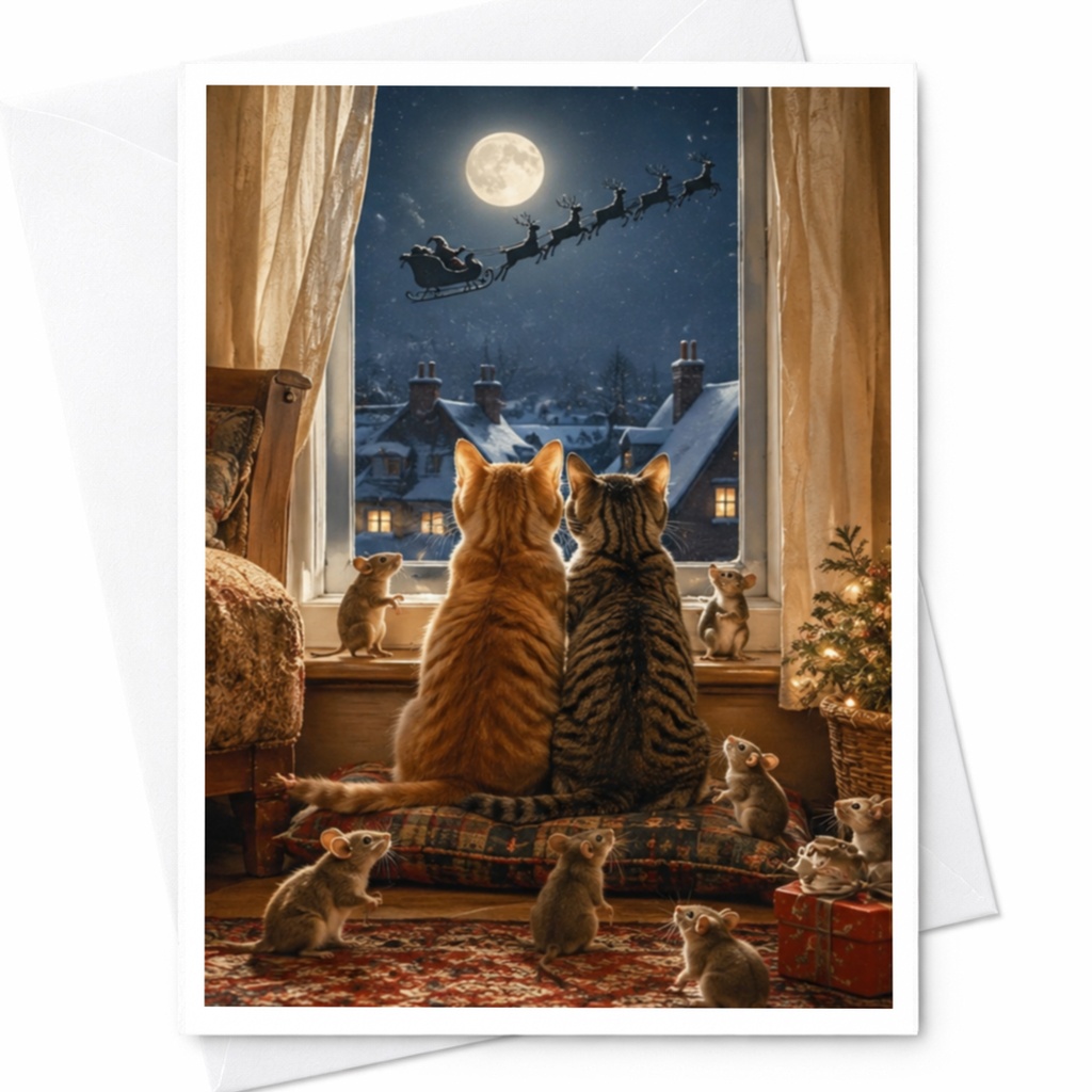 Cats And Mice Watching Santa Christmas Card Cute Holiday Greeting Card For Cat Lover Festive Animal Card Winter Scene C4123