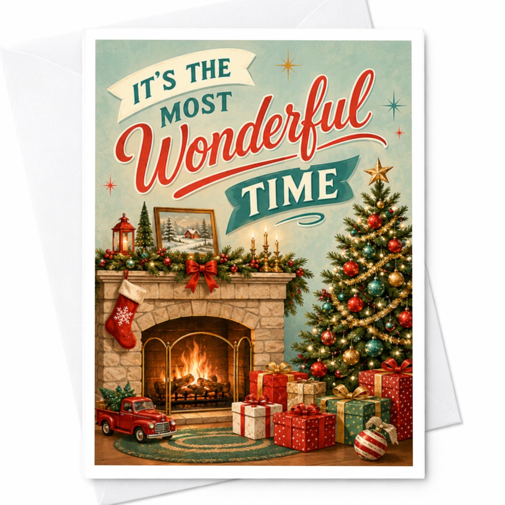 It's The Most Wonderful Time Christmas Card Festive Holiday Greeting Card Cozy Fireplace Scene Xmas Tree Gifts C4130