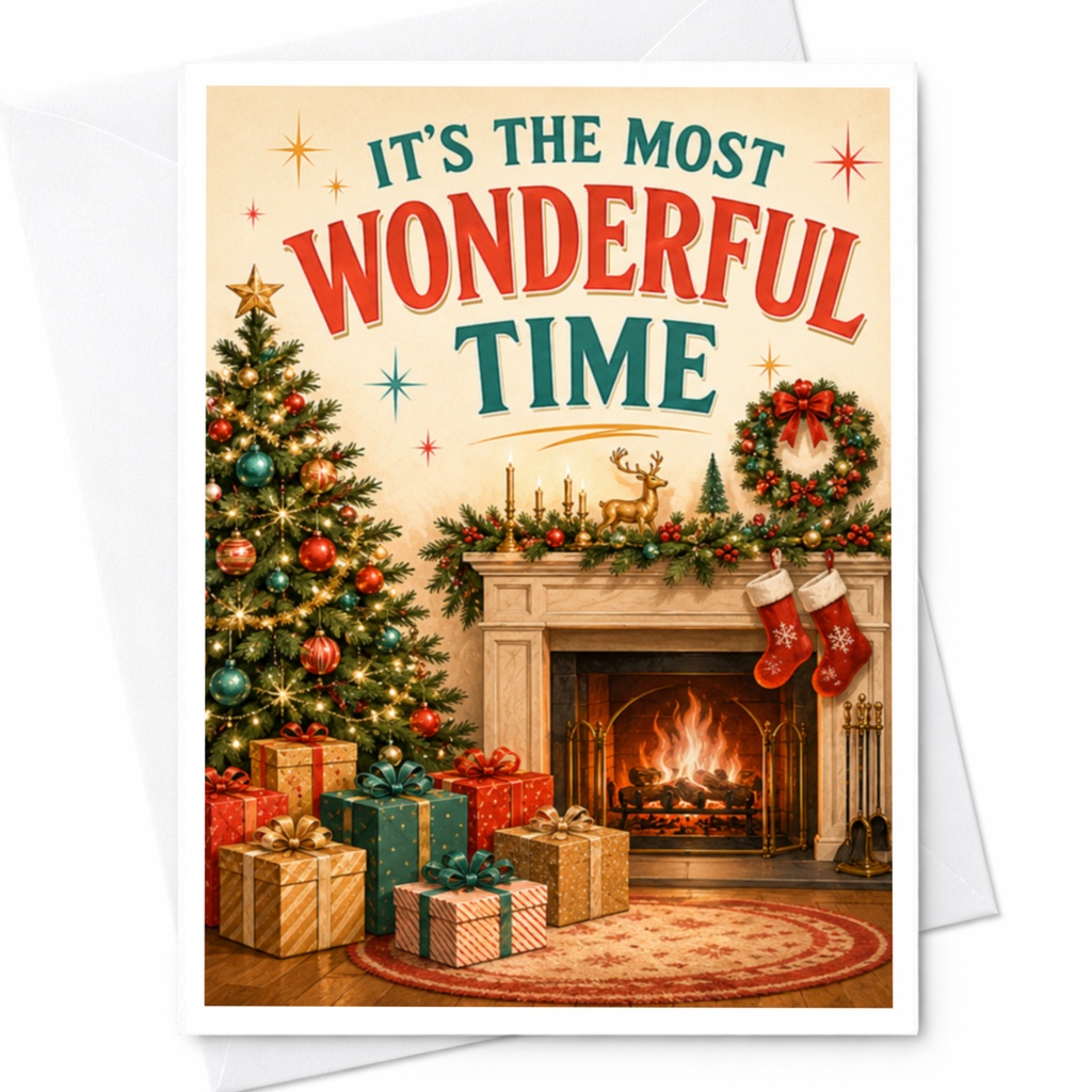It's The Most Wonderful Time Christmas Card Festive Holiday Greeting Card Cozy Fireplace Scene With Tree For Family Friends C4131