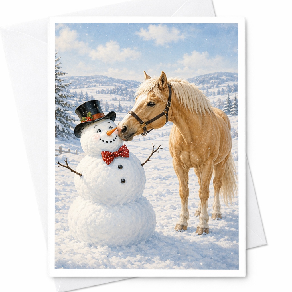 Horse And Snowman Christmas Card Winter Scene Greeting Card For Animal Lover Cute Holiday Card Snowy Landscape Art C4132