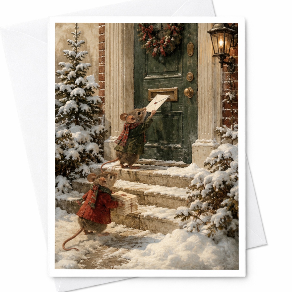 Mice Delivering Letters Christmas Card Cute Holiday Greeting Card Winter Scene For Family Friends Festive Snowy C4134