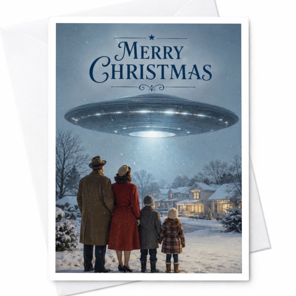 Merry Christmas Vintage Ufo Card Unique Holiday Greeting Card For Family Friends Retro Sci-Fi Christmas Card Winter Scene C4137