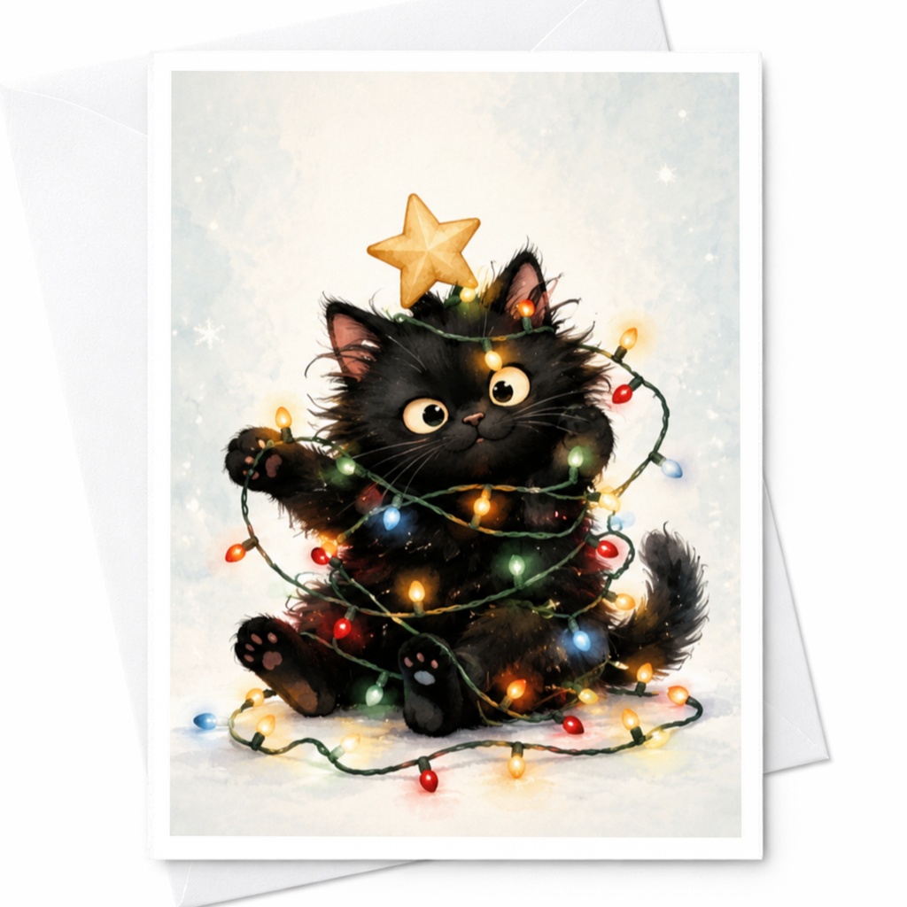 Black Cat Christmas Card Cute Holiday Greeting Card For Cat Lover Festive Lights Adorable Kitten Card Animal Lover C4138