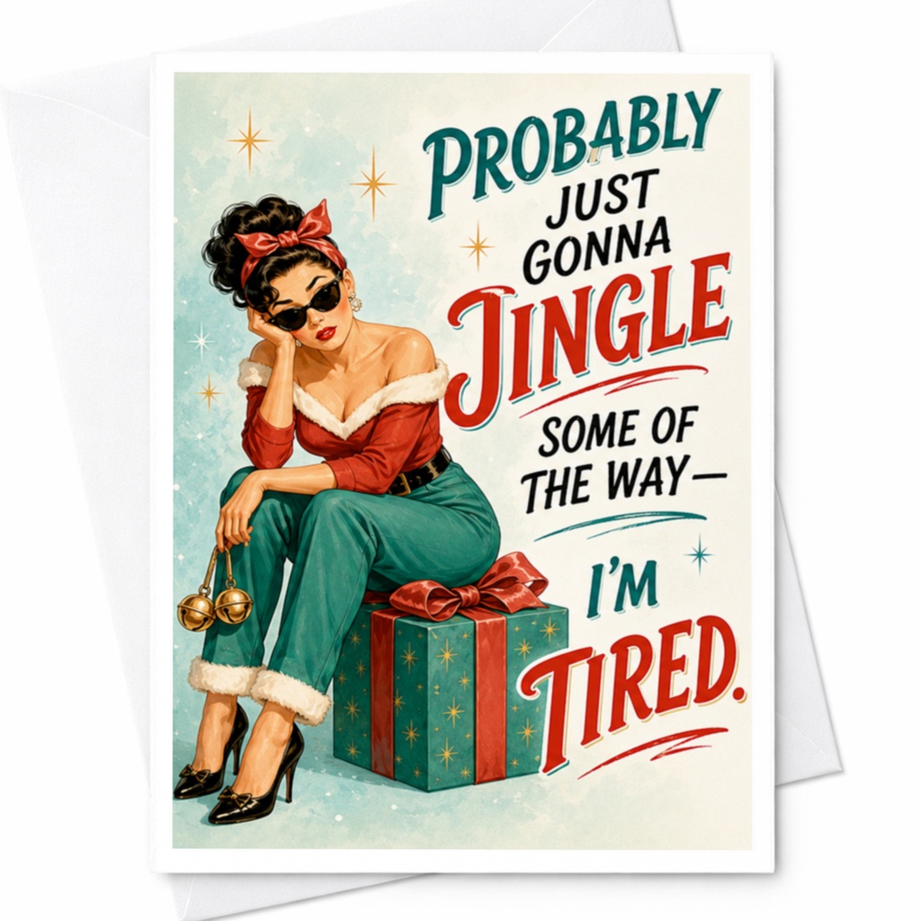 Probably Just Gonna Jingle Some Of The Way— I’m Tired. Funny Christmas Card Vintage Style Holiday Greeting For Friend Retro C4140