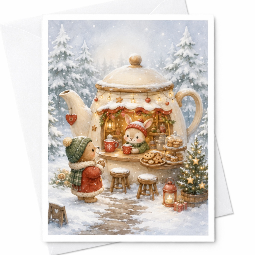 Christmas Teapot Cafe Scene Greeting Card Cute Winter Holiday Card For Friends Family Festive Animal Illustration C4148