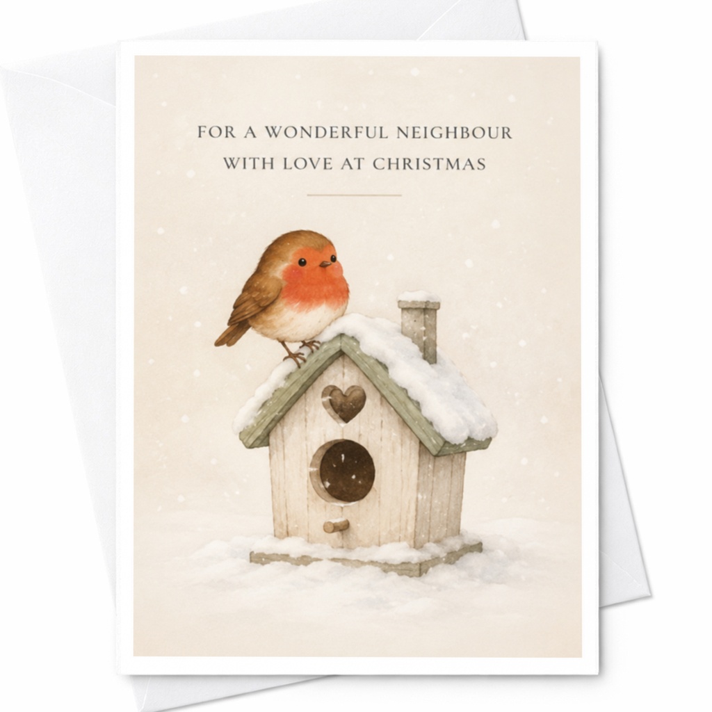 For A Wonderful Neighbour With Love At Christmas Card Festive Christmas Greeting Card Robin Birdhouse Snowy Scene Holiday Card C4154