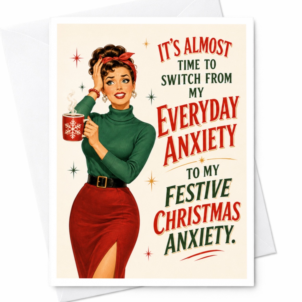 It's Almost Time To Switch From My Everyday Anxiety To My Festive Christmas Anxiety Funny Christmas Card Retro Holiday Greet C4157
