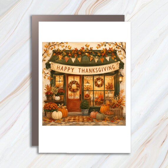 Happy Thanksgiving Autumn Storefront Card Thanksgiving Greeting Card Fall Decor Pumpkins Wreaths Seasonal Card C905