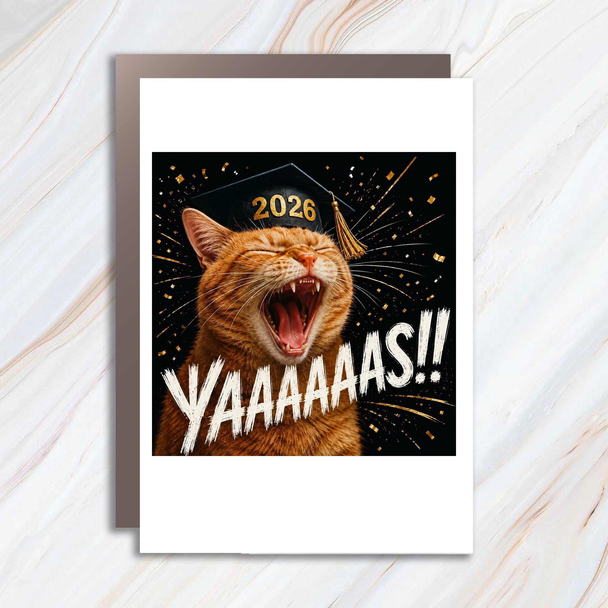 Yaaaaas!! Funny Graduation Card 2026 Cat With Cap Congrats Graduate Celebration Card For Cat Lover Cute Animal Card C903