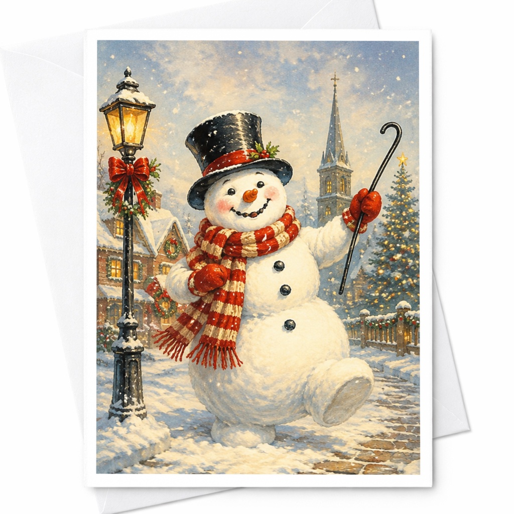 Snowman Christmas Card Festive Winter Scene Greeting Card Holiday Card For Mum Cute Snowman With Top Hat And Scarf C4164