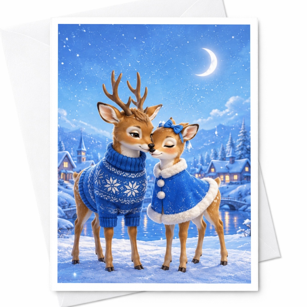 Deer Couple Christmas Card Cute Winter Scene Greeting Card Holiday Card For Animal Lover Romantic Snowy Landscape C4166
