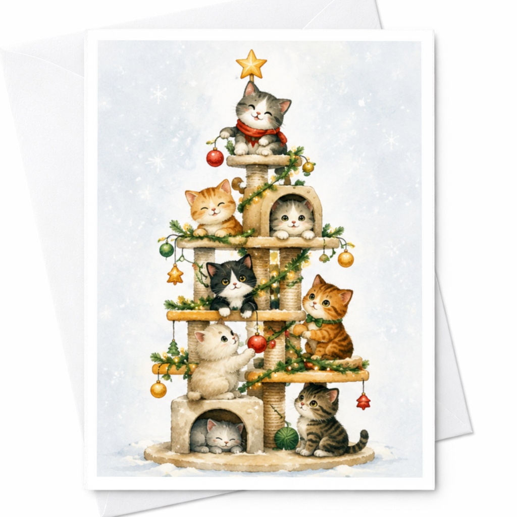 Cute Cats Christmas Tree Card Holiday Greeting Card For Cat Lover Festive Animal Card Adorable Christmas Card C4169