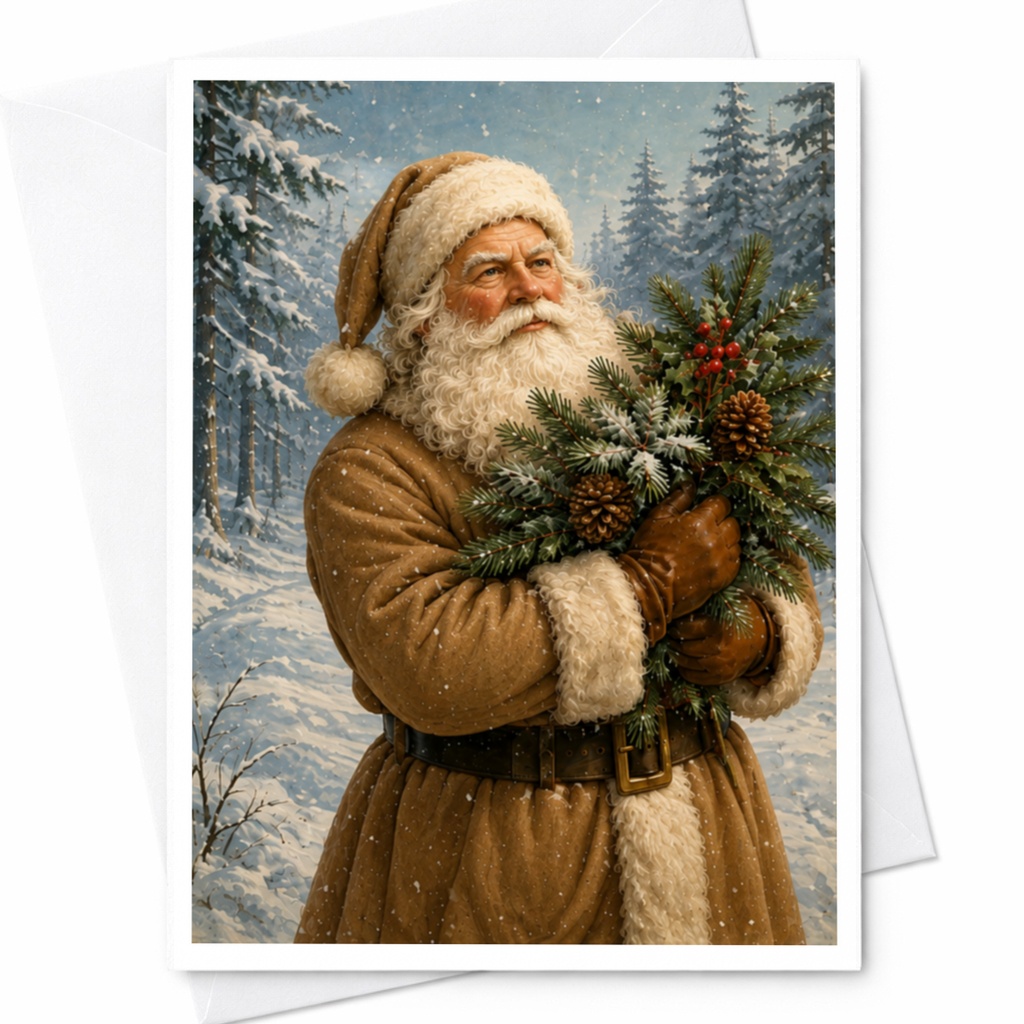 Santa With Pine Branches Christmas Card Festive Holiday Greeting Card For Family Friends Winter Scene Art Card C4172