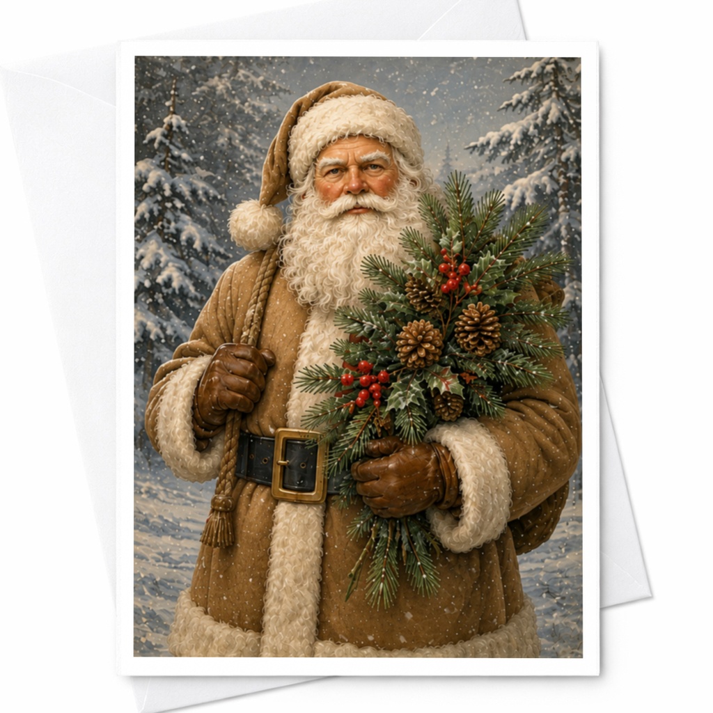 Santa With Pine And Berries Christmas Card Festive Holiday Greeting Card For Family Friends Winter Scene Art Card C4173