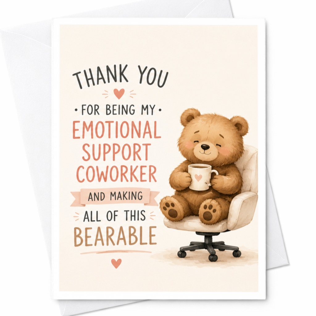 Thank You For Being My Emotional Support Coworker And Making All Of This Bearable Thank You Card Cute Bear Office Colleague C4178