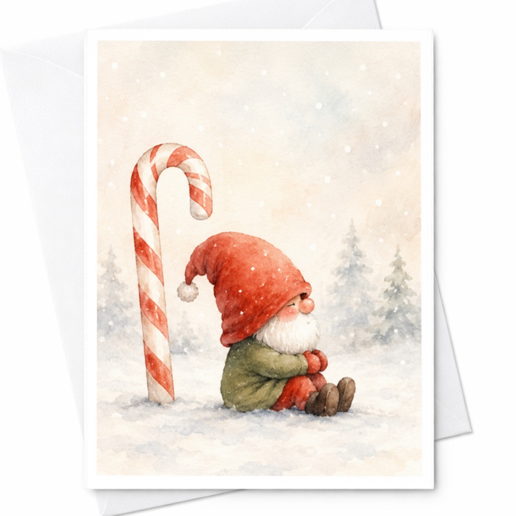 Gnome With Candy Cane Christmas Card Cute Holiday Greeting Card Winter Wonderland Scene For Friends Family Festive Art C4187
