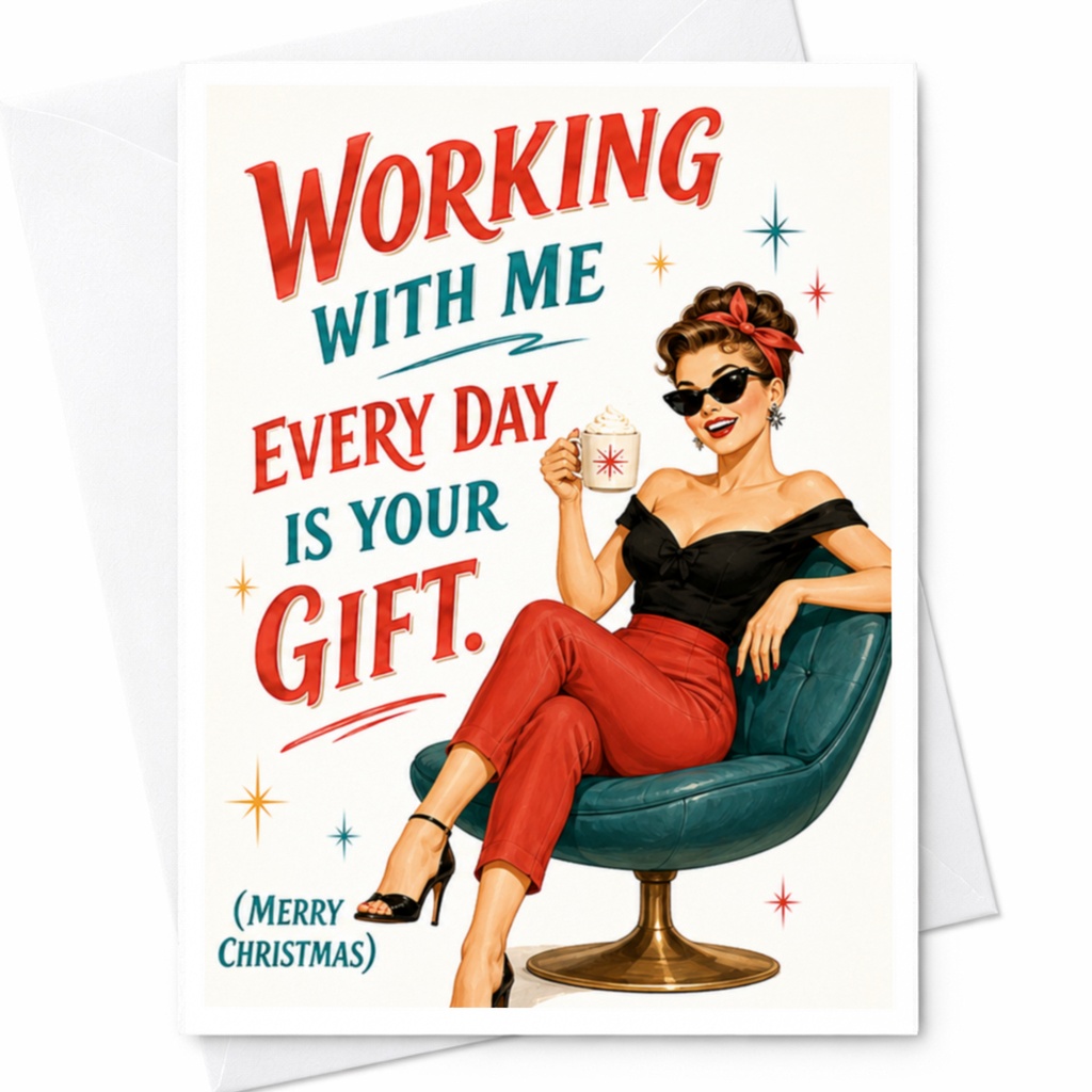 Working With Me Every Day Is Your Gift. Merry Christmas Funny Christmas Card Retro Woman Office Holiday Greeting Card C4188