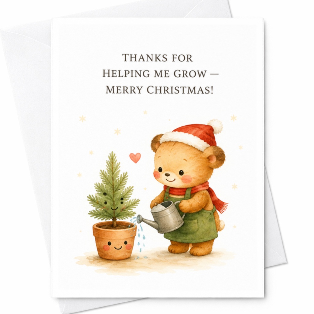 Thanks For Helping Me Grow — Merry Christmas! Cute Bear Christmas Card Holiday Greeting For Friend Family Teacher Sweet C4191