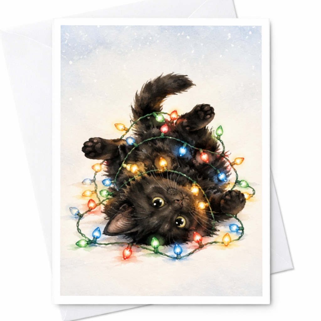 Black Cat Christmas Card Cute Holiday Greeting Card For Cat Lover Festive Lights Adorable Animal Card Winter Season C4194
