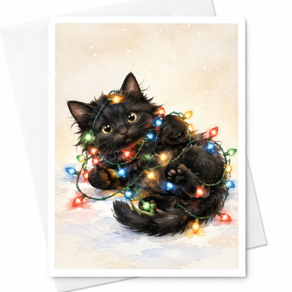 Black Kitten Christmas Card Cute Cat Holiday Greeting Card For Cat Lover Festive Animal Card With Lights Adorable Xmas Card C4195