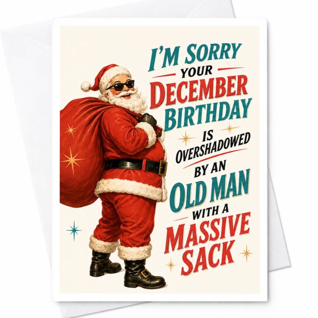 I'm Sorry Your December Birthday Is Overshadowed By An Old Man With A Massive Sack Funny Christmas Birthday Card For Friend C4201