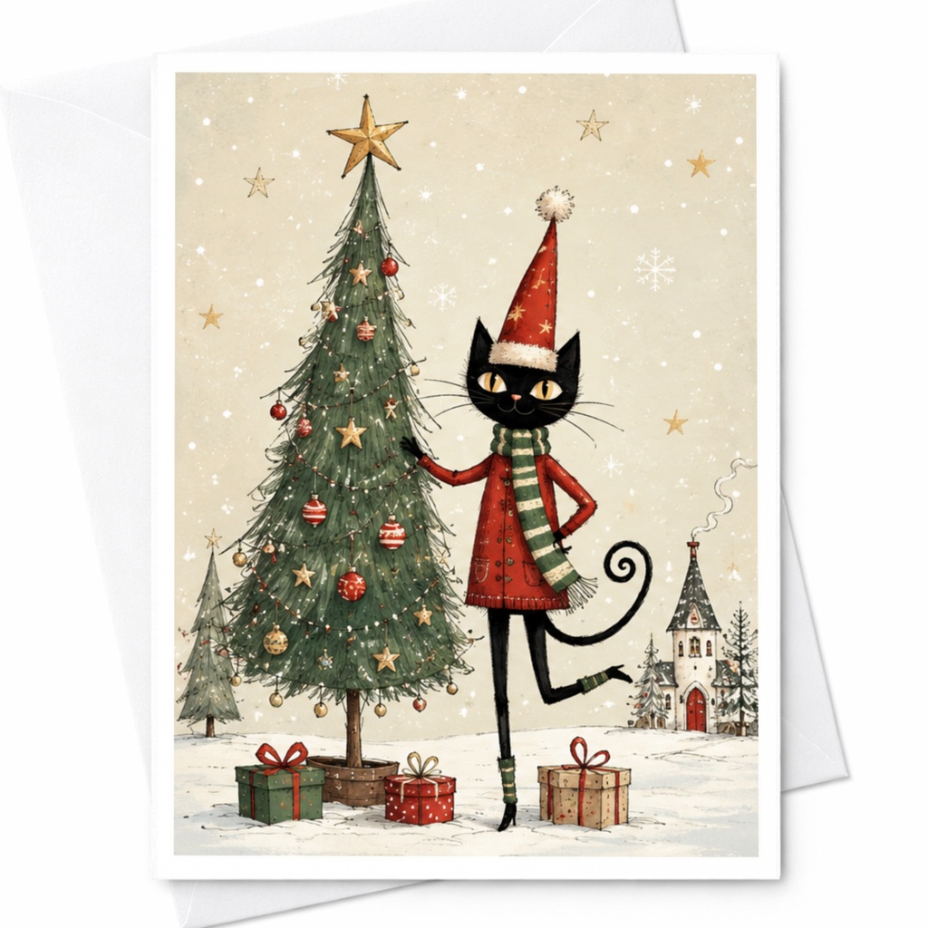 Cat With Christmas Tree Greeting Card Cute Holiday Card For Cat Lover Festive Winter Scene Christmas Card With Gifts C4202