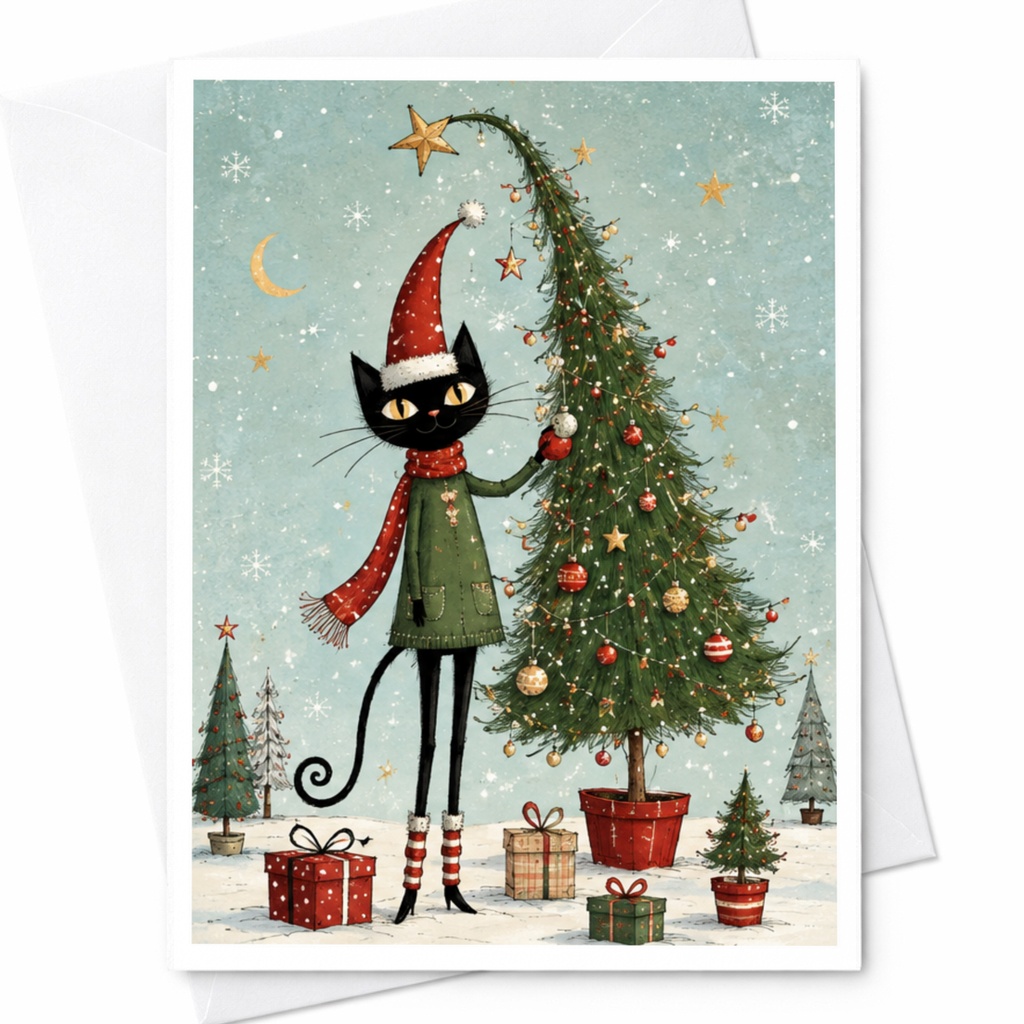 Cat With Christmas Tree Greeting Card Cute Holiday Card For Cat Lover Festive Winter Scene Christmas Card With Gifts C4203