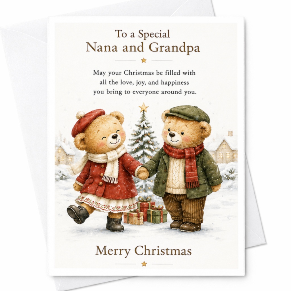 To A Special Nana And Grandpa Merry Christmas Card Cute Bears Holiday Greeting Card For Grandparents Festive Winter Scene C4204