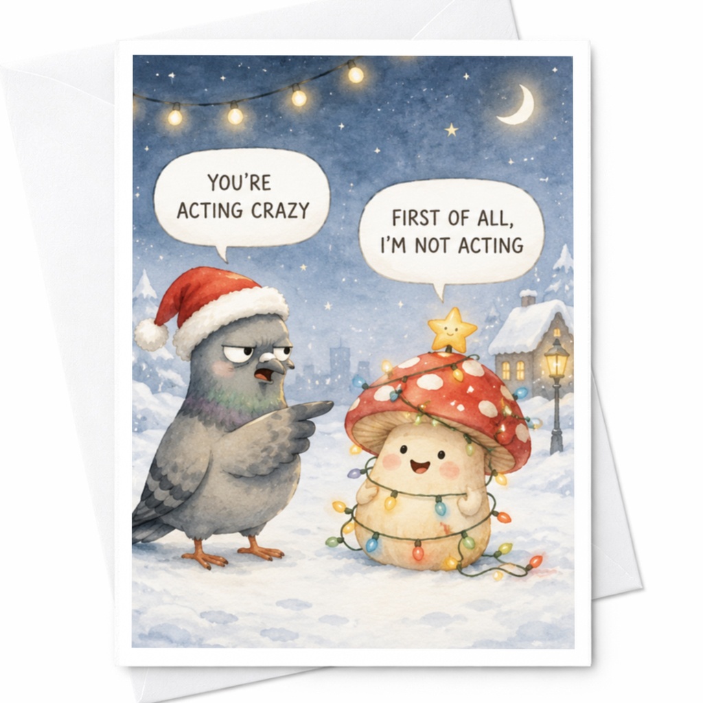 You're Acting Crazy First Of All, I'm Not Acting Funny Christmas Card Cute Holiday Greeting Card Pigeon Mushroom C4206