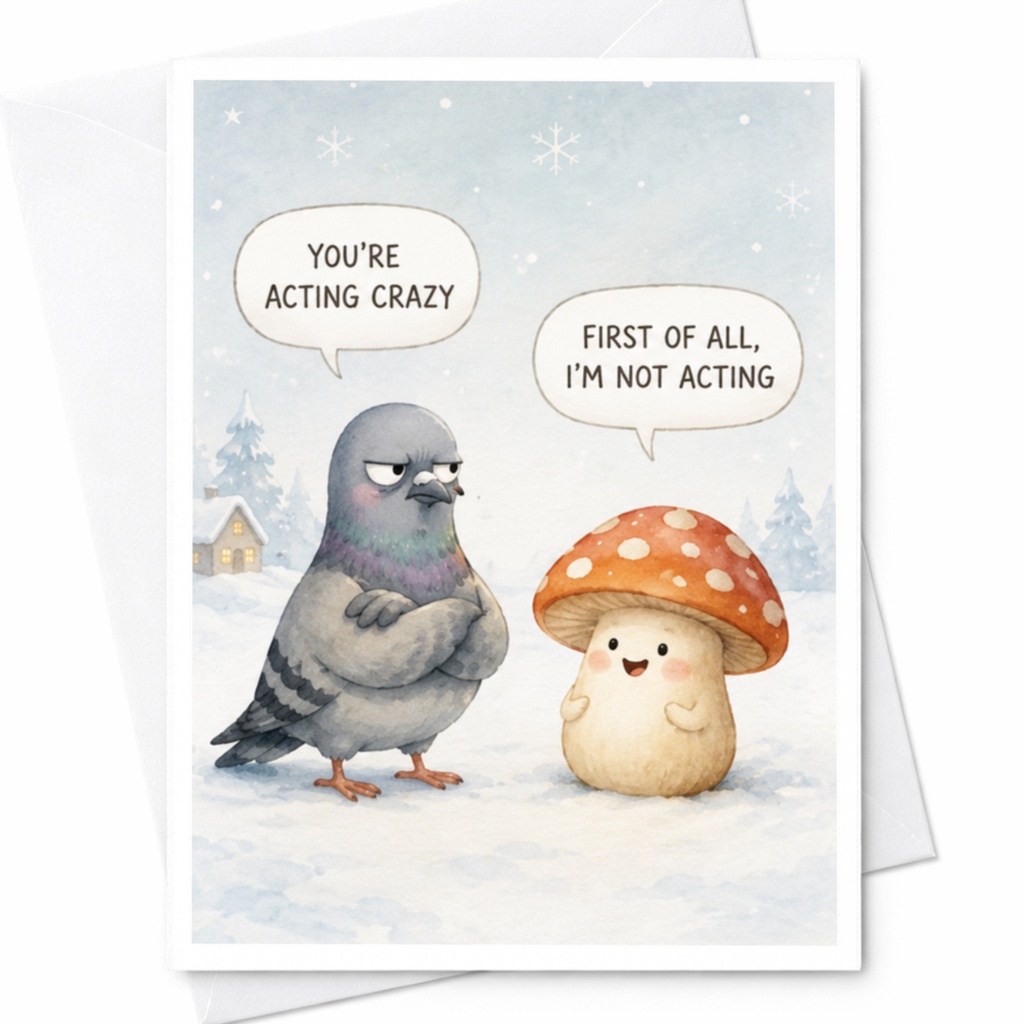 You're Acting Crazy First Of All, I'm Not Acting Funny Christmas Card Cute Pigeon Mushroom Winter Scene Holiday Greeting Card C4207