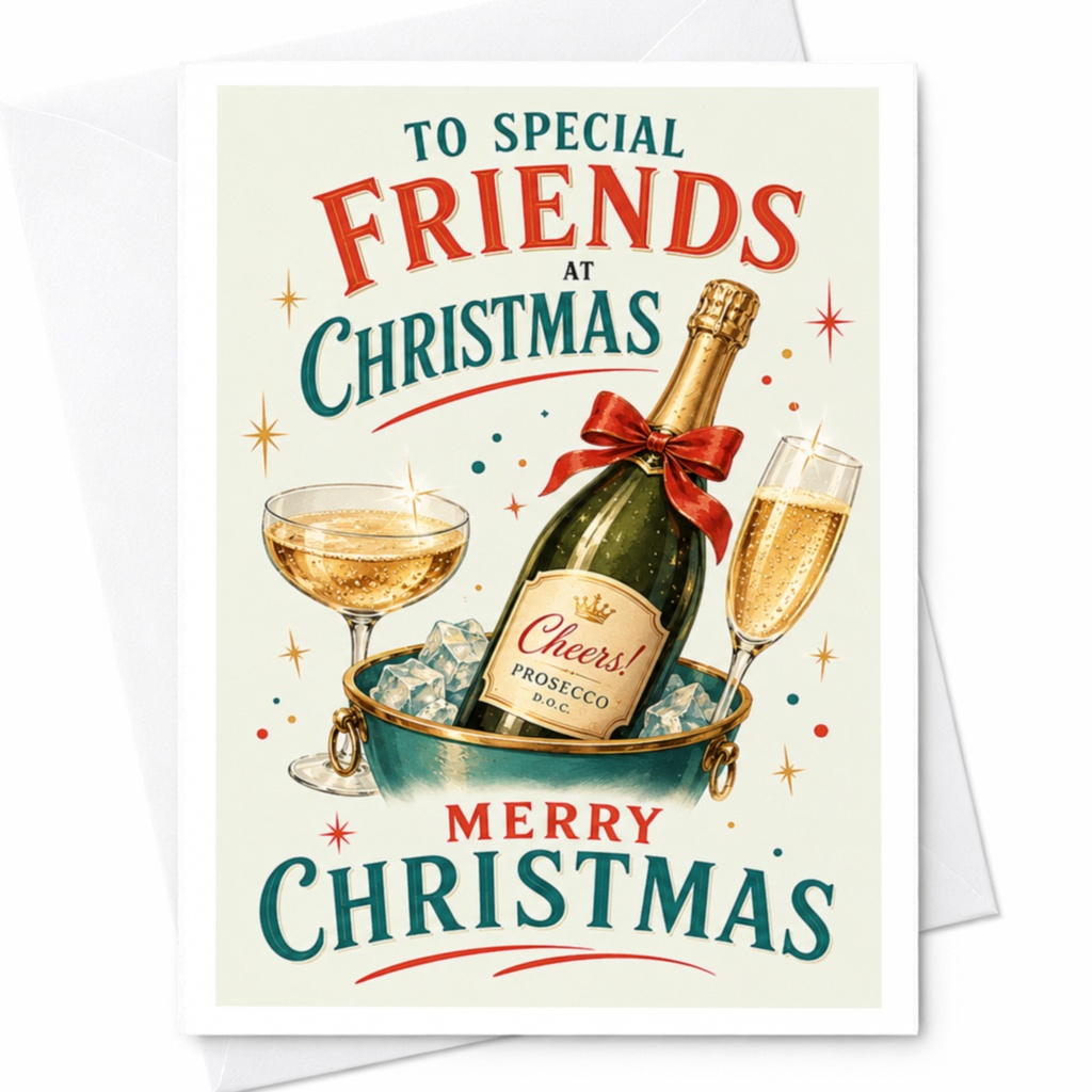 To Special Friends At Christmas Merry Christmas Festive Greeting Card Holiday Cheers Champagne Bottle For Friends C4160