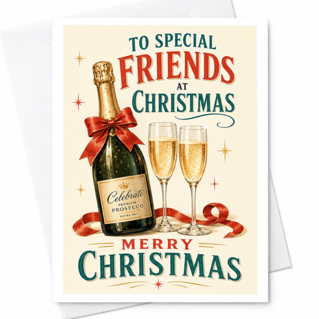 To Special Friends At Christmas Merry Christmas Card Festive Holiday Greeting Champagne Bottle For Friends Celebration C4161