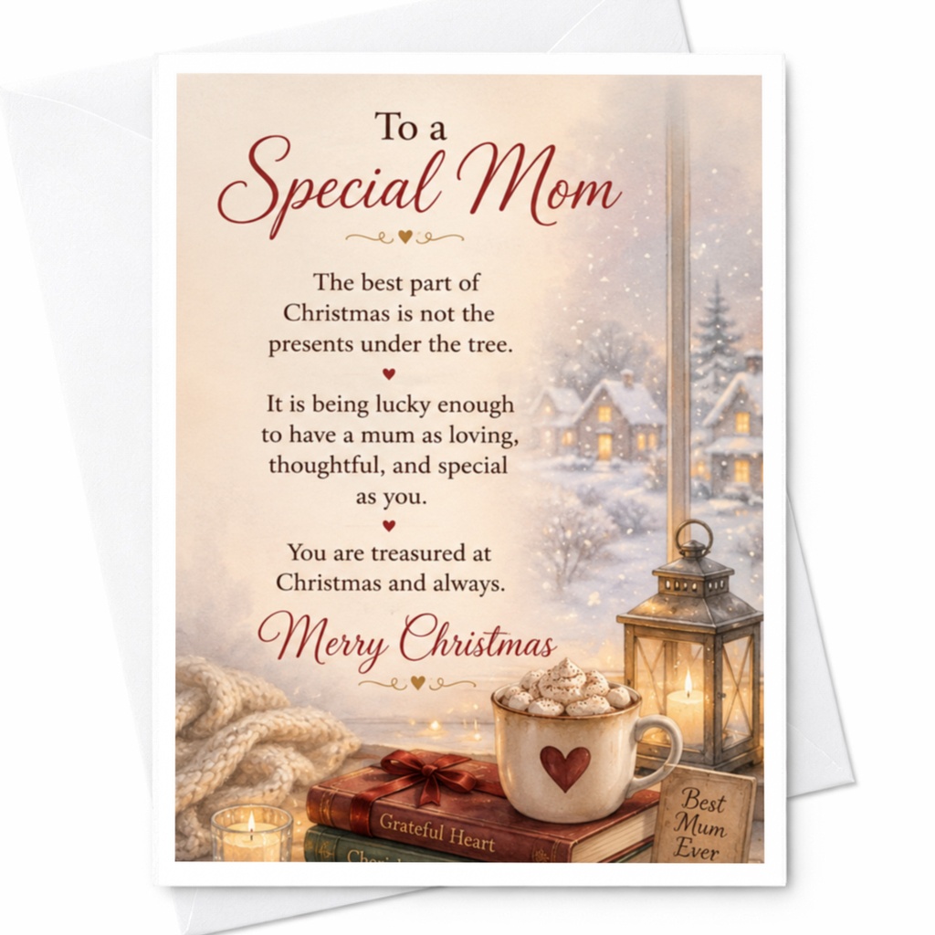 To A Special Mom Merry Christmas Card Loving Thoughtful Mum Holiday Greeting Cozy Winter Scene For Mother C4162