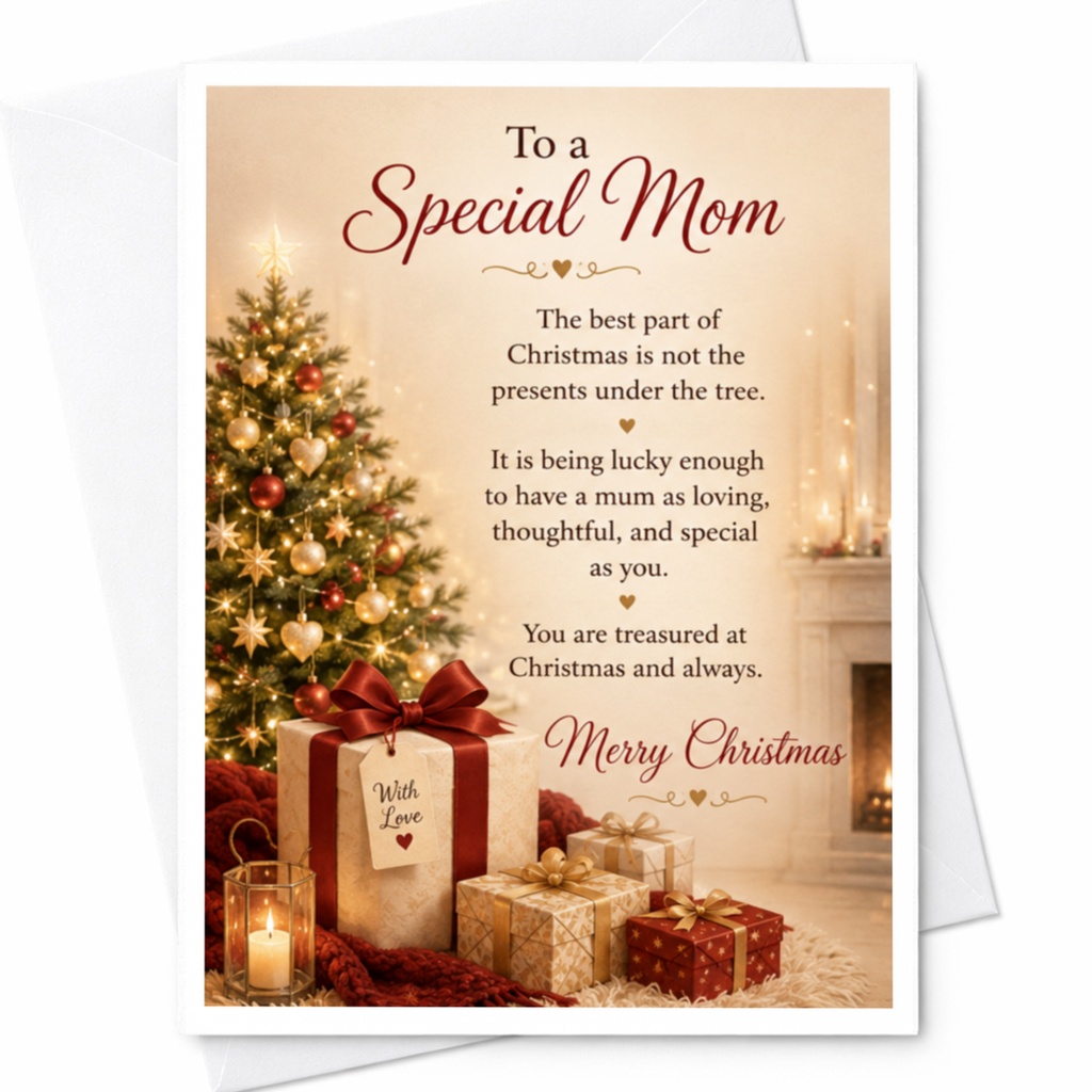 To A Special Mom Merry Christmas Card Thoughtful Holiday Greeting For Mom From Daughter Son Festive Xmas Card With Gifts C4163