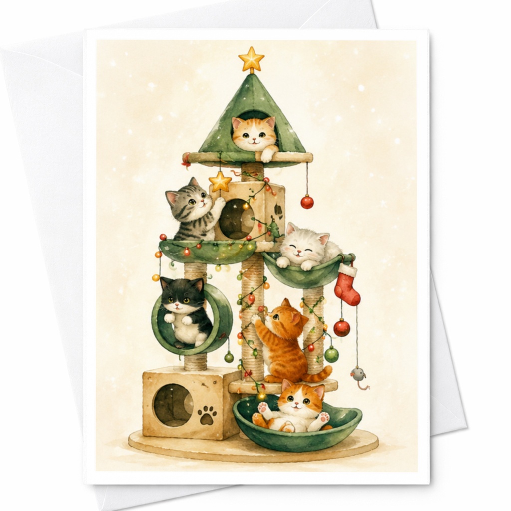 Cute Kittens Christmas Card Adorable Cat Tree Holiday Greeting Card For Cat Lovers Festive Animal Card Christmas Cats C4168