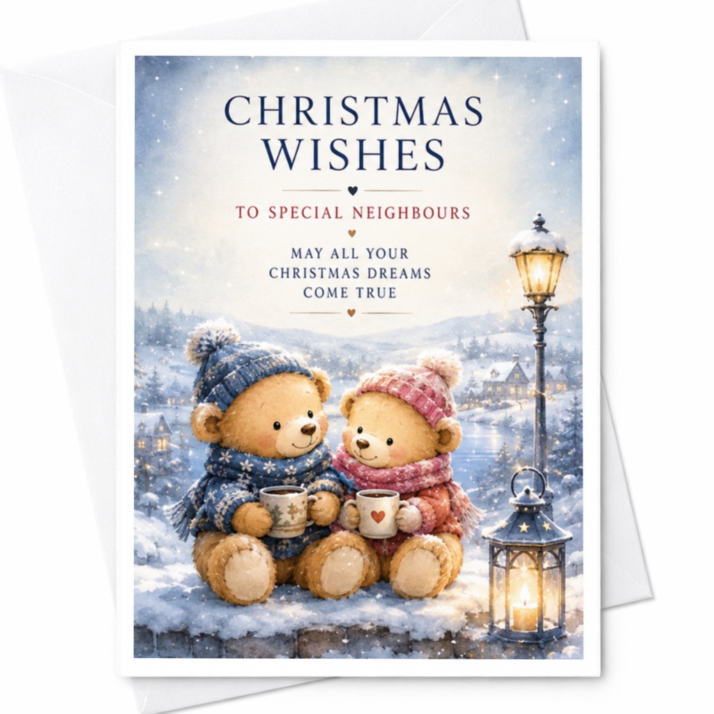 Christmas Wishes To Special Neighbours Christmas Card Festive Bears Snowy Scene Holiday Greeting For Friends Next Door C4170