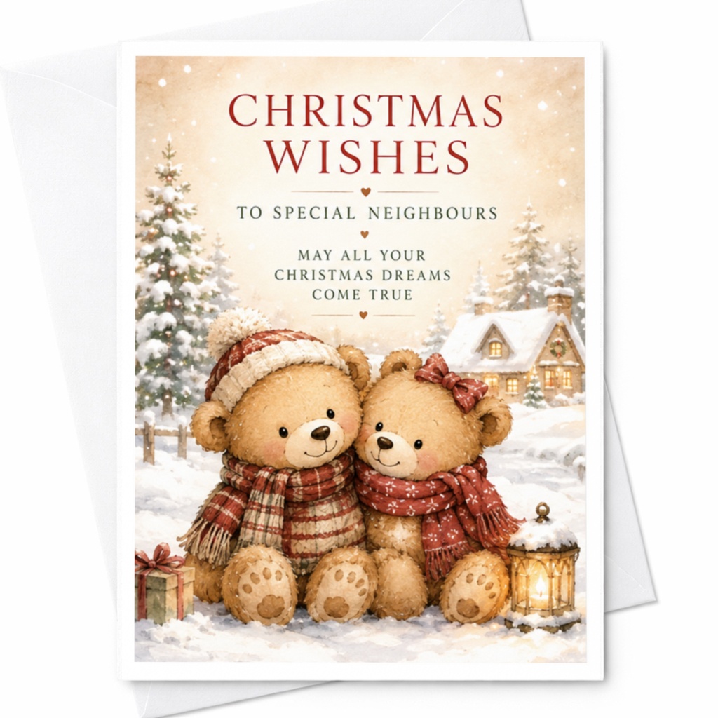 Christmas Wishes To Special Neighbours Christmas Card Festive Bears Snowy Scene Holiday Greeting For Friends Next Door C4171