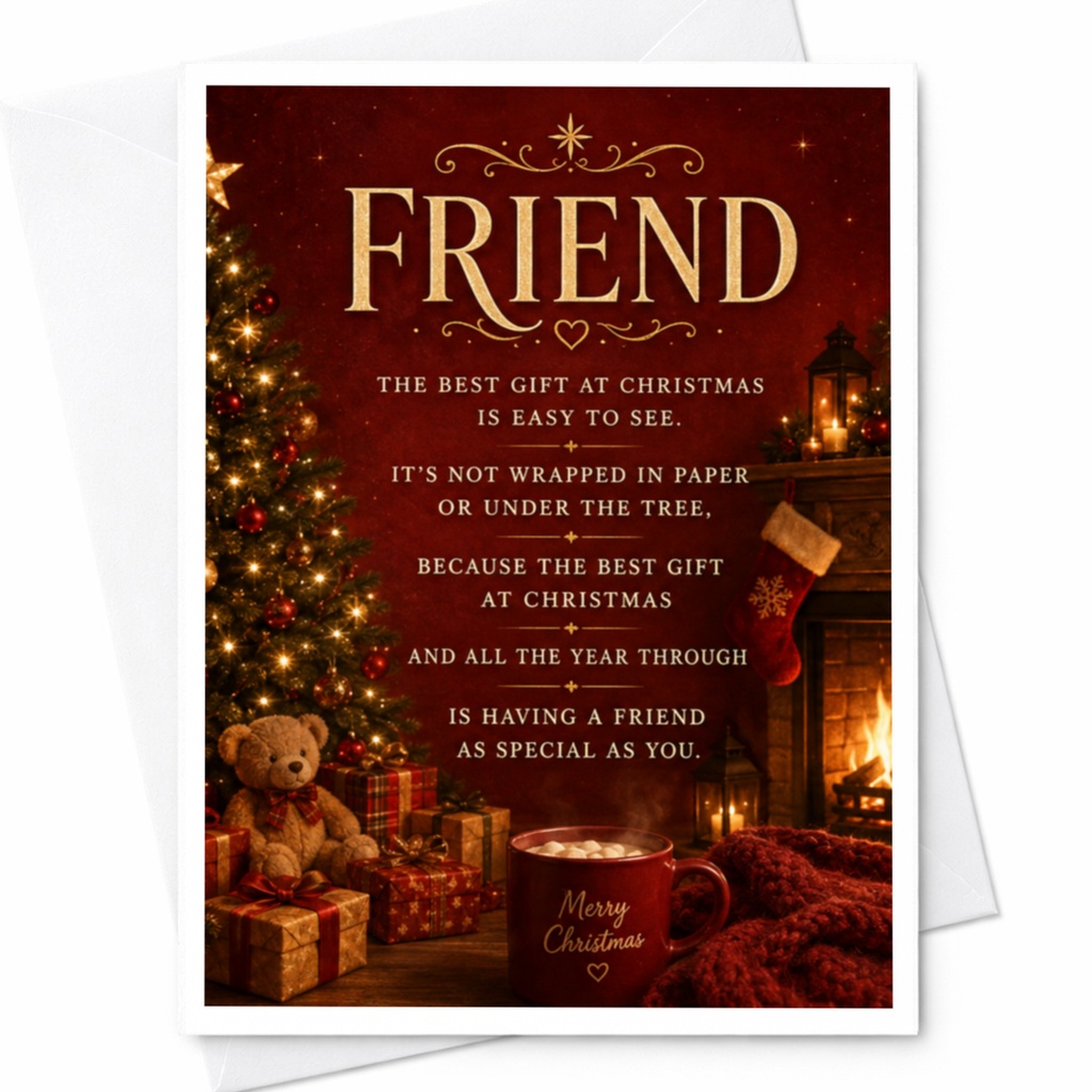 Friend The Best Gift At Christmas Card For Friend Holiday Greeting Card Cozy Fireplace Scene With Gifts And Tree C4175