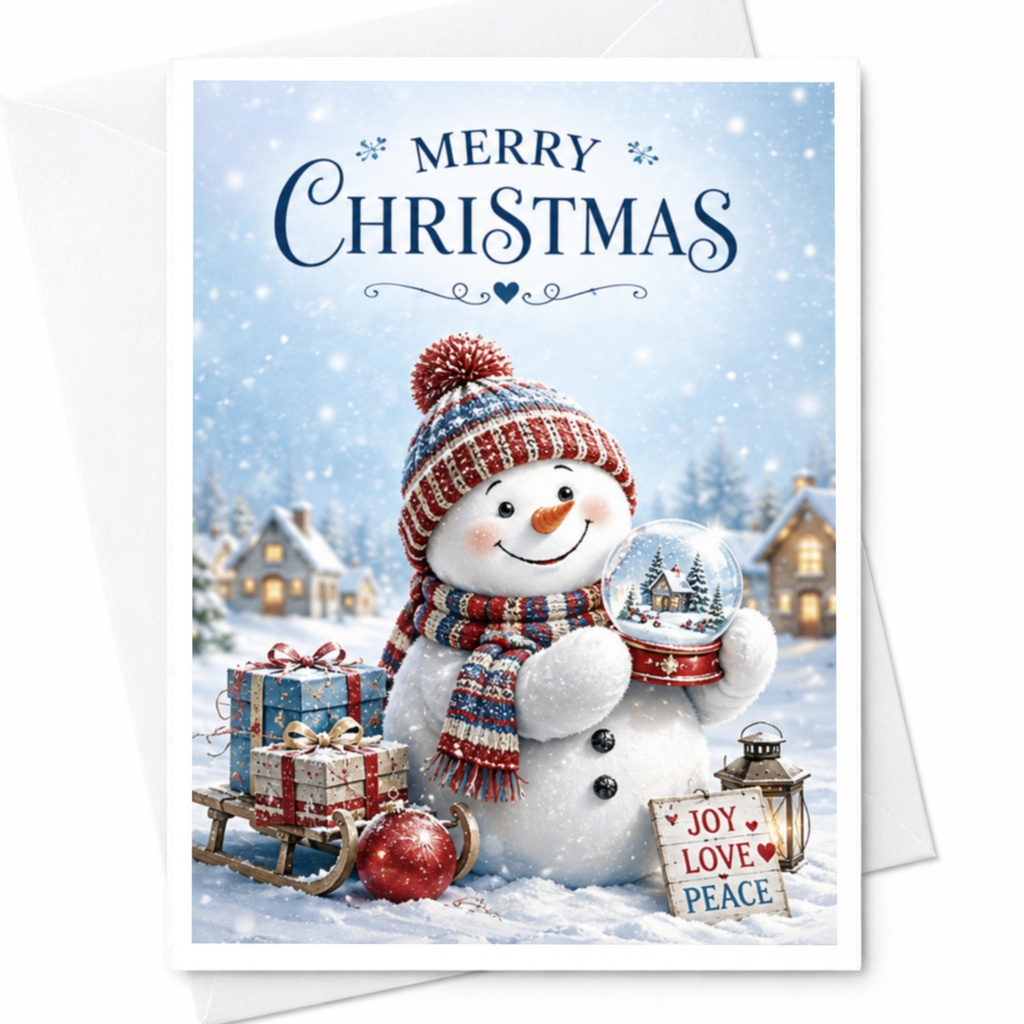 Merry Christmas Snowman Card Cute Holiday Greeting Card Winter Scene With Gifts Joy Love Peace Festive Christmas Card C4176